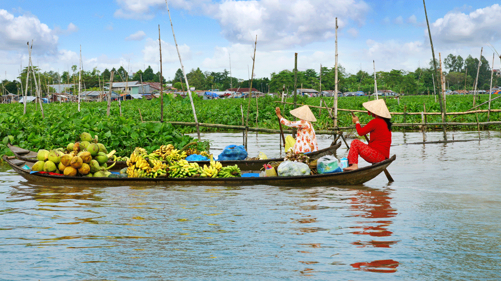 Scène colorée du marché flottant dans le delta du Mékong avec barques chargées de fruits