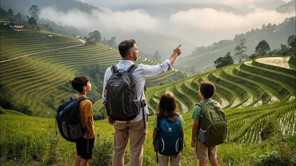 Famille de voyageurs admirant les rizières en terrasses du Vietnam lors d'un circuit organisé