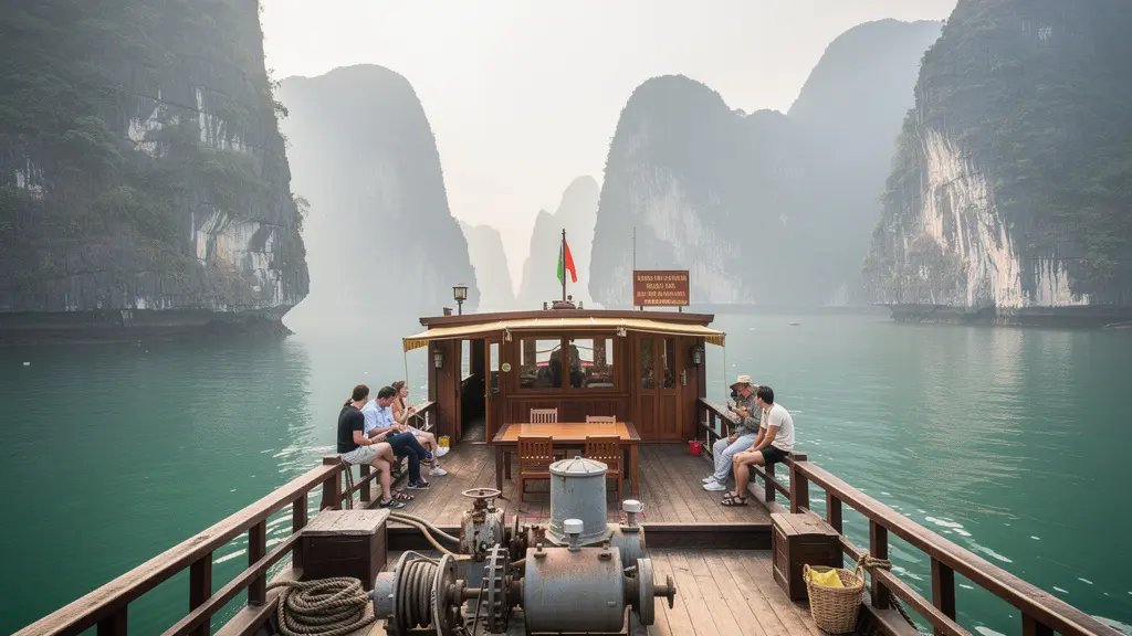 Jonque traditionnelle naviguant dans la baie d'Halong au Vietnam entre les formations karstiques