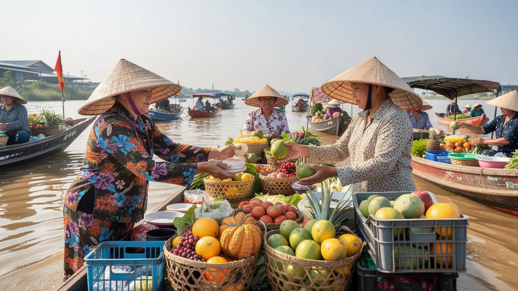 Scène colorée du marché flottant dans le delta du Mékong avec barques chargées de fruits